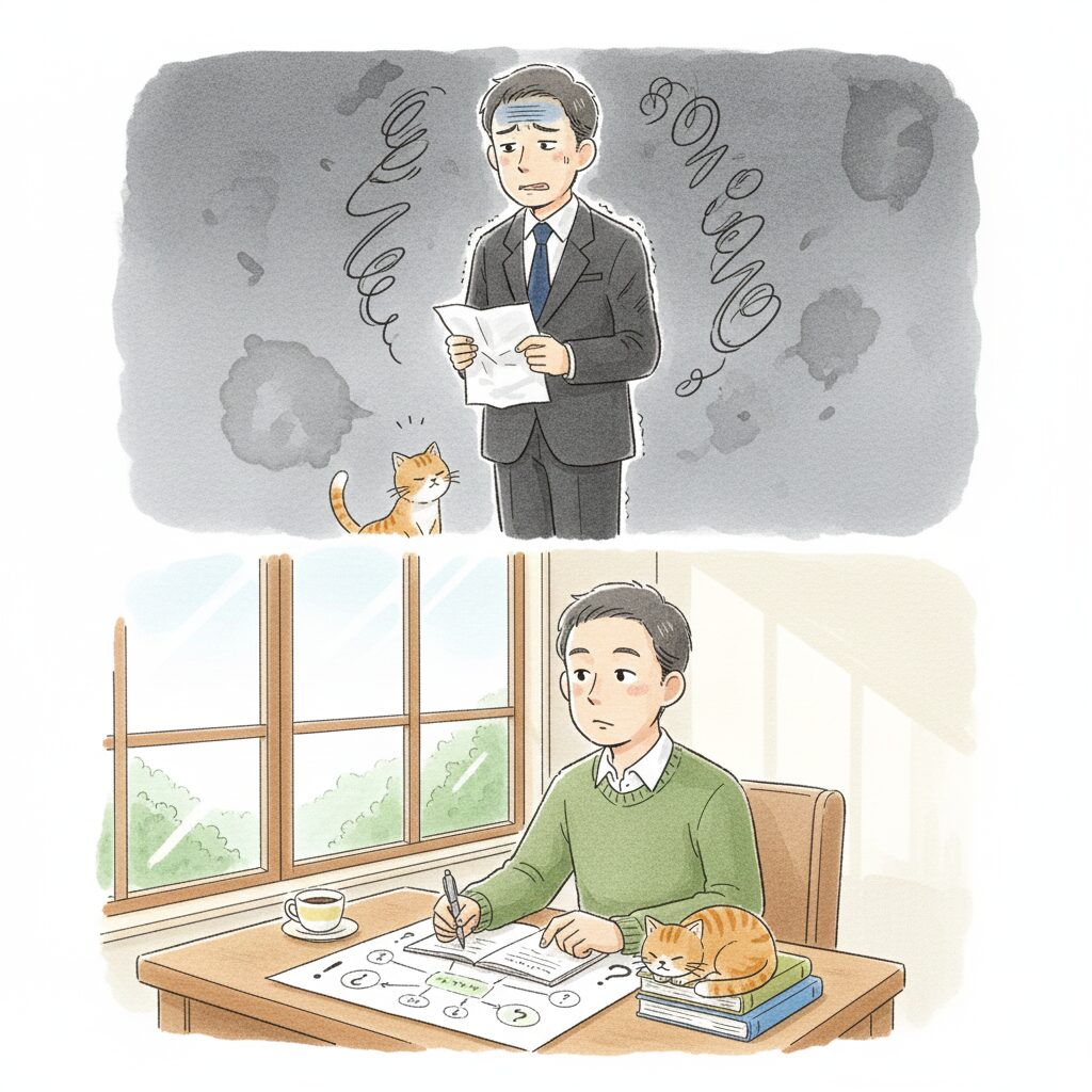 柔らかな光が差し込む部屋で、ノートにペンを走らせる40代男性と、机で丸まる猫