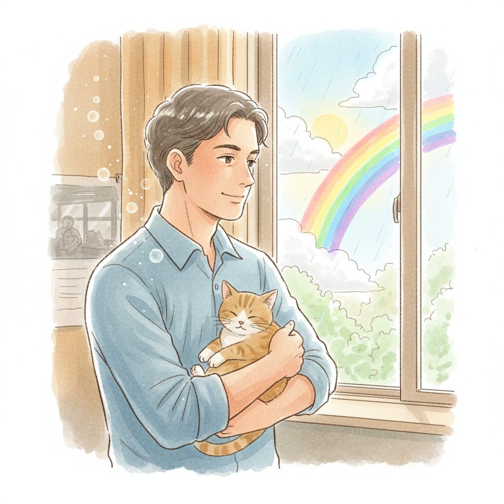 雨上がりの窓辺で、猫を抱きながら外の明るい兆しを眺める40代男性のイラスト