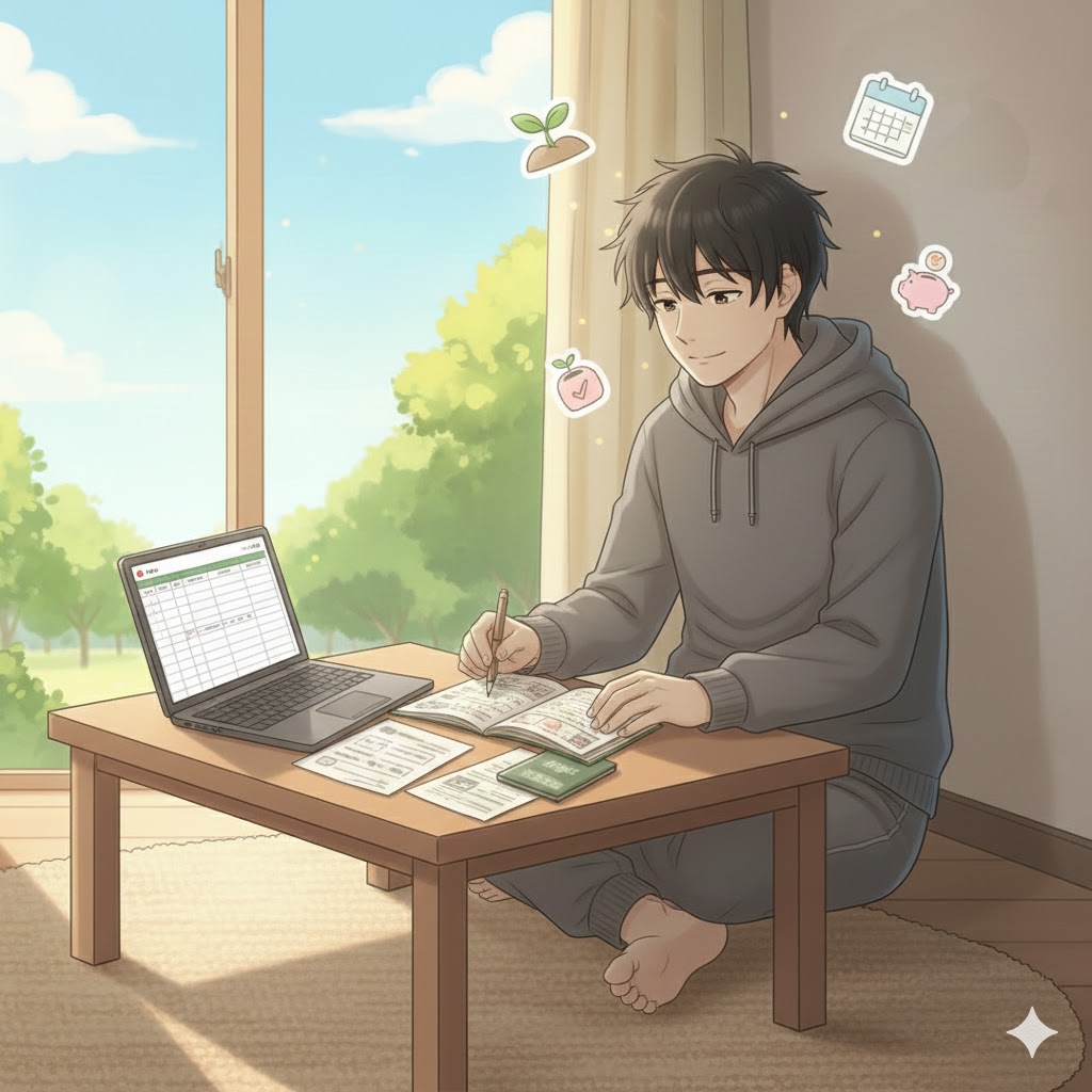 家計簿と通帳を見て生活費を考える男性