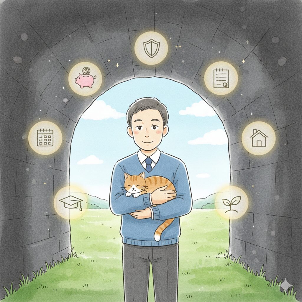 暗いトンネルの先に、8つの温かな光が灯る出口が見える。そこへ向かって猫を抱いた40代男性が穏やかな表情で歩き出すイラスト。