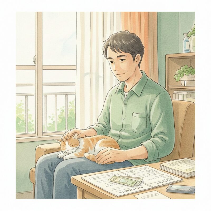 柔らかな光が差し込む部屋で、猫を膝に乗せてリラックスしながら将来について考える40代男性。