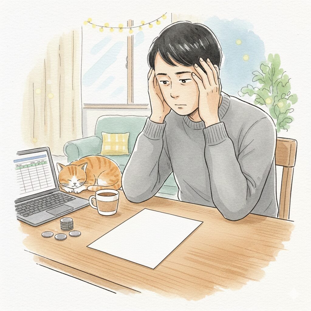 市役所の窓口で「承認」のスタンプが押された書類を手に、ホッと胸をなでおろす40代男性と、足元で安心したように丸まる猫のイラスト。