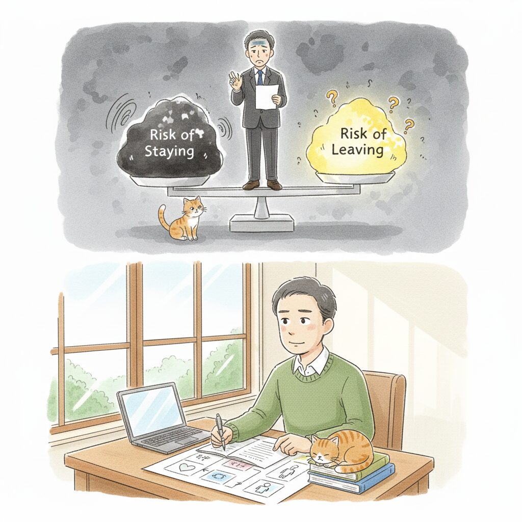 天秤の両皿に「今の仕事」と「新しい未来」を乗せて未来を考える男性と猫