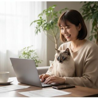 ノートパソコンで作業をしながら猫を抱き、穏やかな表情を浮かべる女性。背景には観葉植物があり、安心感のある室内風景。