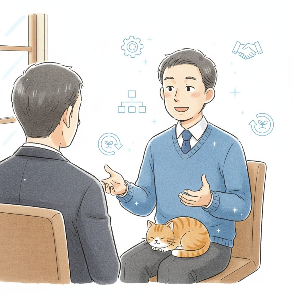 穏やかな笑顔で面接官と対話する男性。背景にはこれまでの経験が光の粒のように描かれている