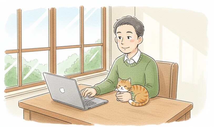 穏やかな笑顔で面接官と対話する男性。背景にはこれまでの経験が光の粒のように描かれている