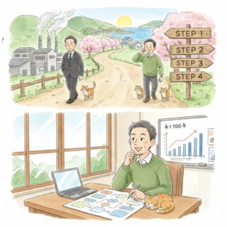 40代男性が猫と一緒に一本道を歩み、先にあるSTEP1からSTEP4の看板を見つめるイラスト