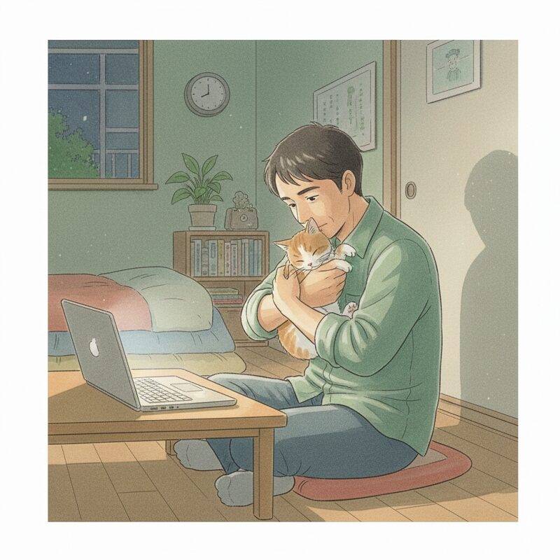夜の静かな部屋で、ノートパソコンの明かりを背に、愛猫を抱きしめて将来の不安を堪える40代男性。
