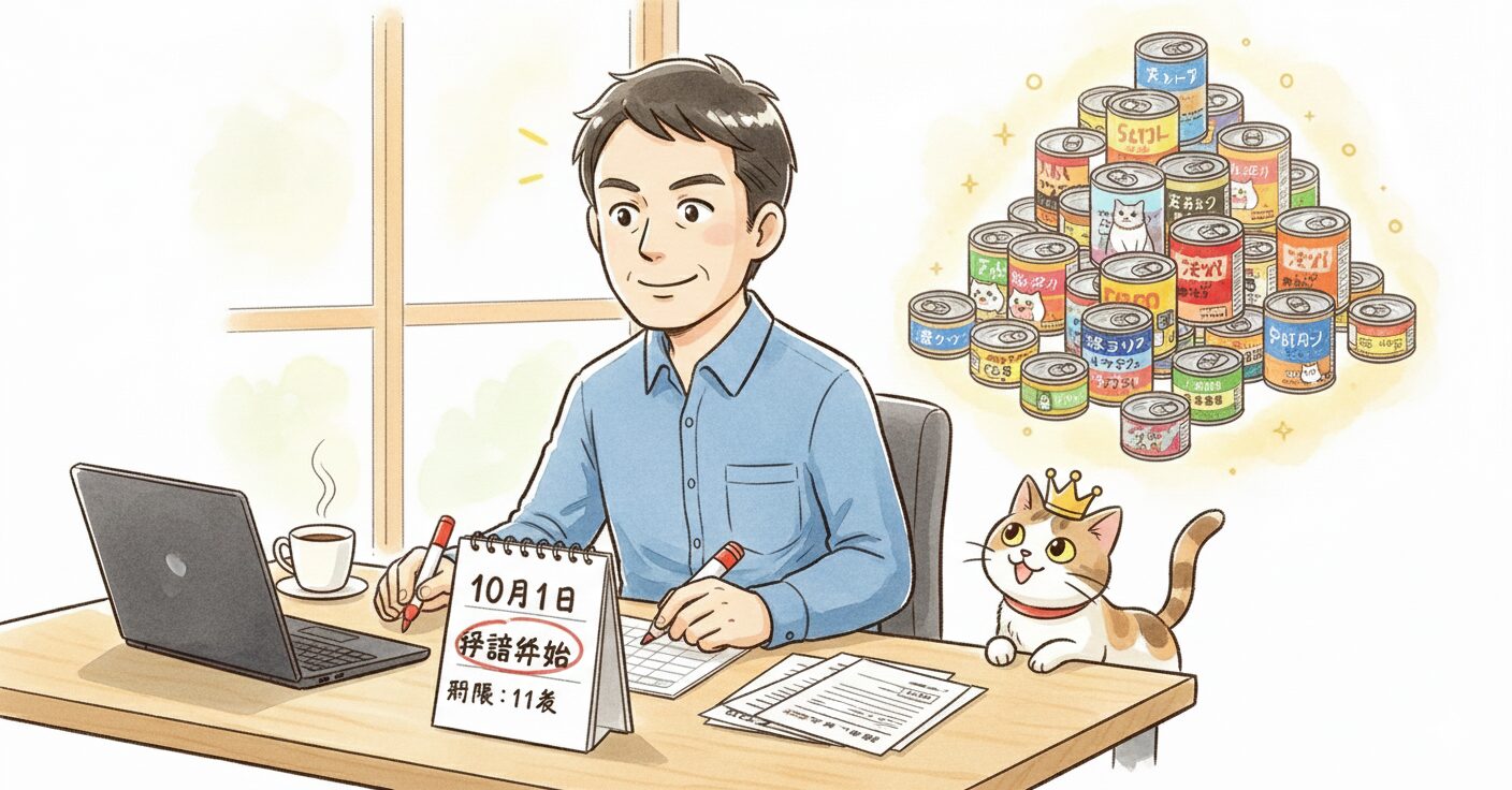 再就職から半年経ち、職場で少し余裕の表情を見せる40代男性。カレンダーの「申請日」に丸をつけ、背後では豪華な猫缶を楽しみにしている猫のイラスト。