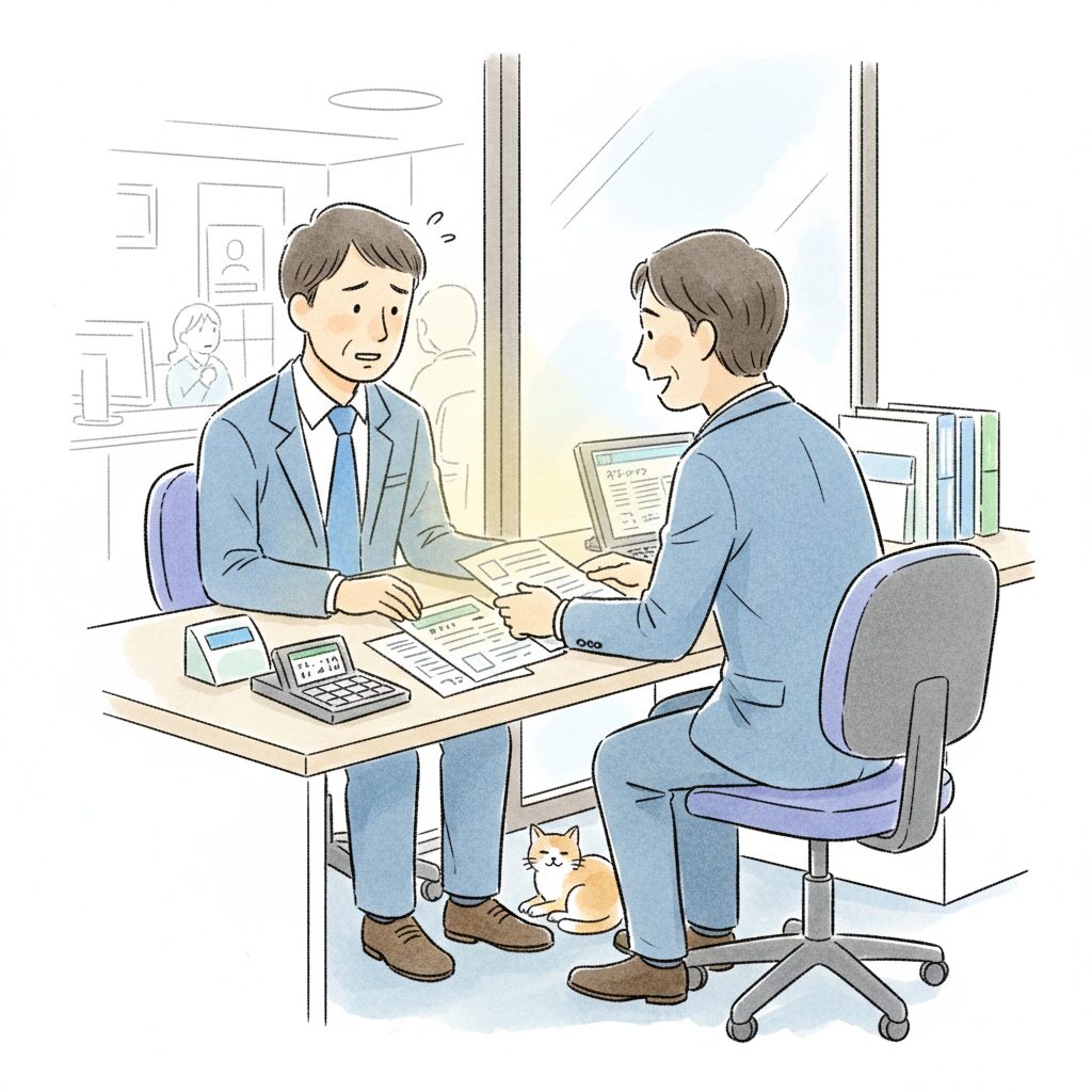ハローワークの窓口で、証拠書類（タイムカードや給与明細）を提示し、自分の権利をしっかりと主張する40代男性。背後には力強く彼を応援する猫のシルエット。