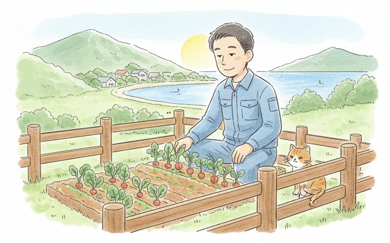 地方の豊かな自然が見える窓辺で、リラックスしてパソコン作業をする男性と猫