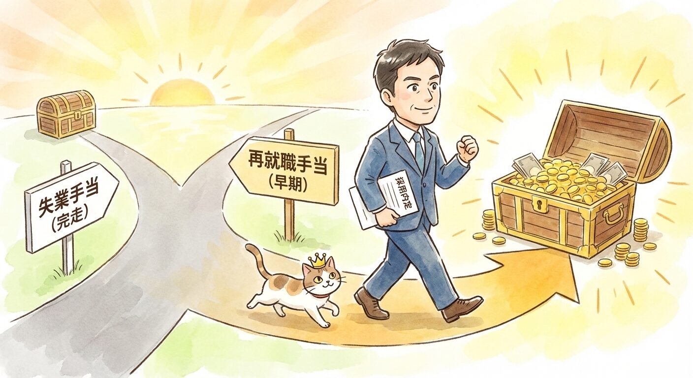 カレンダーと電卓を前に、「今再就職すれば70%もらえる！」と目を輝かせる40代男性。横では、彼が手に入れたボーナスで新しいおもちゃを買ってもらえると予感している猫のイラスト。