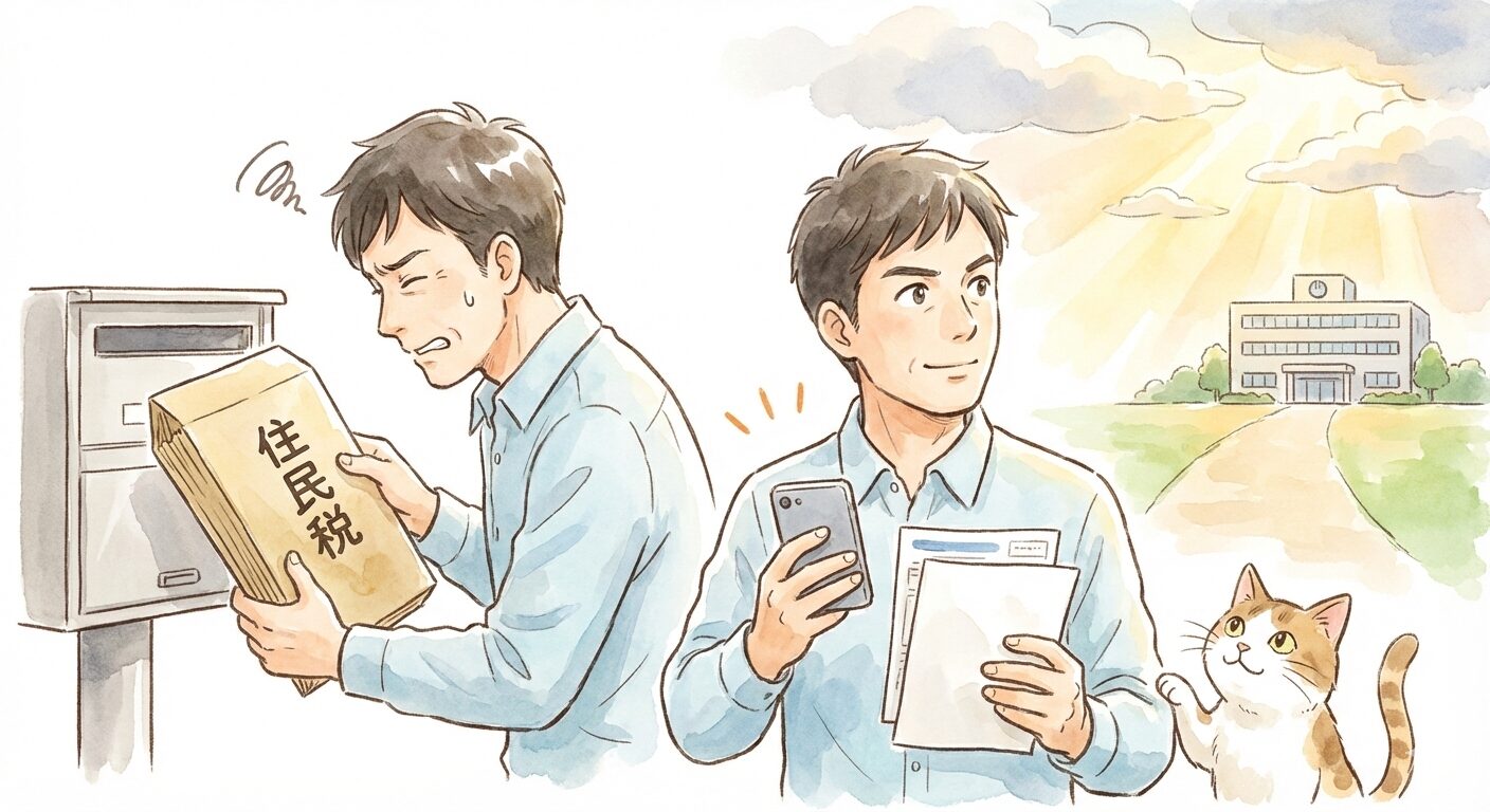 市役所の窓口で相談を終え、高額な納付書ではなく「猶予」や「減免」の書類を大切そうに持つ40代男性。横には、守り抜いた家計の象徴として、豪華なカリカリを前にした猫のイラスト。